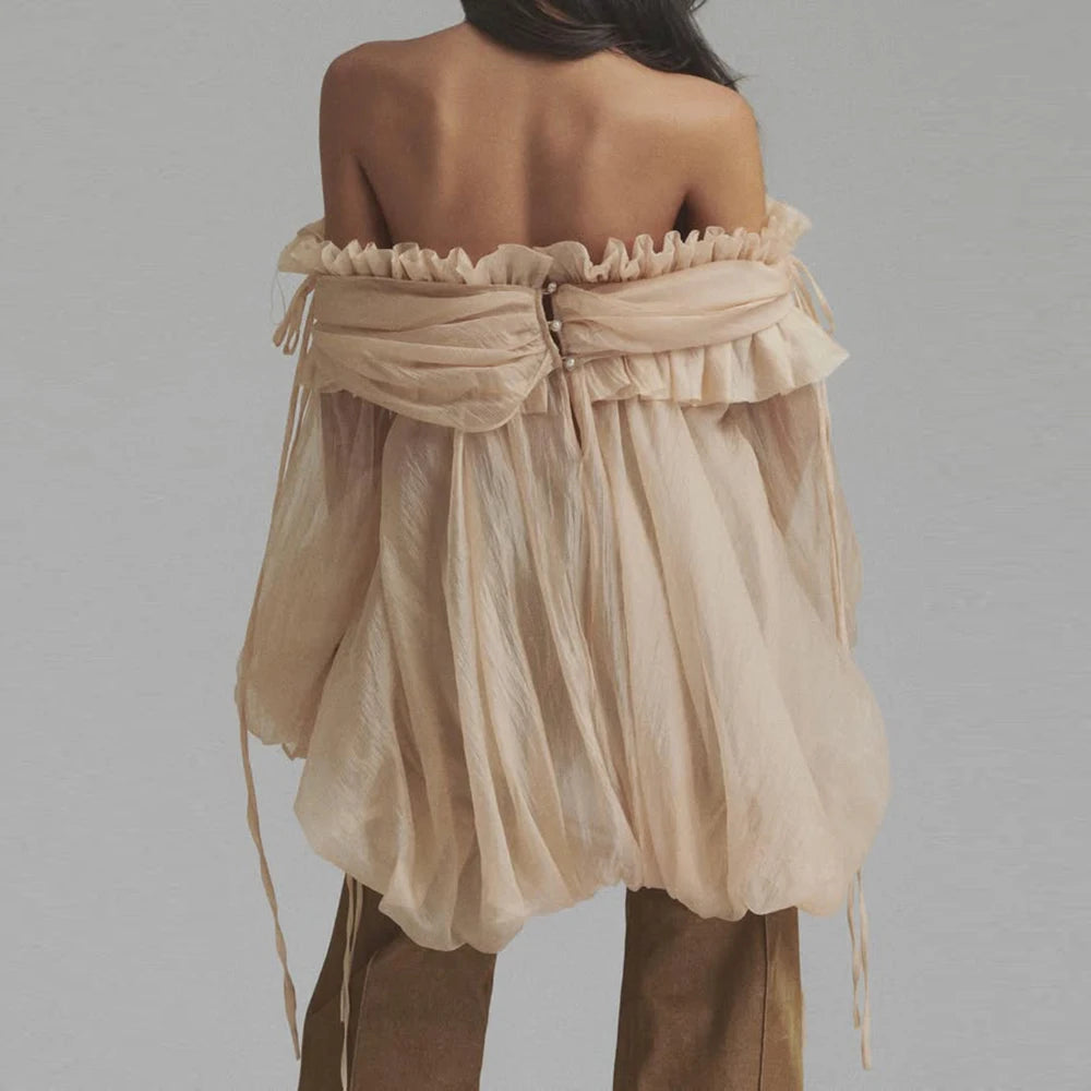 Solid Loose Spliced Folds Blouse for Women Slash Neck Long Sleeves Patchwork Lace Up Fashion Top Female Clothing