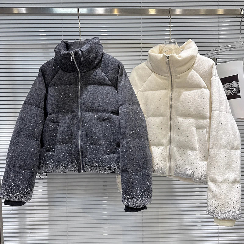 Winter New Trendy Heavy Gradient Rhinestone Stand Collar Zipper Loose Warm Jacket For Women Cotton Coat 11A07646