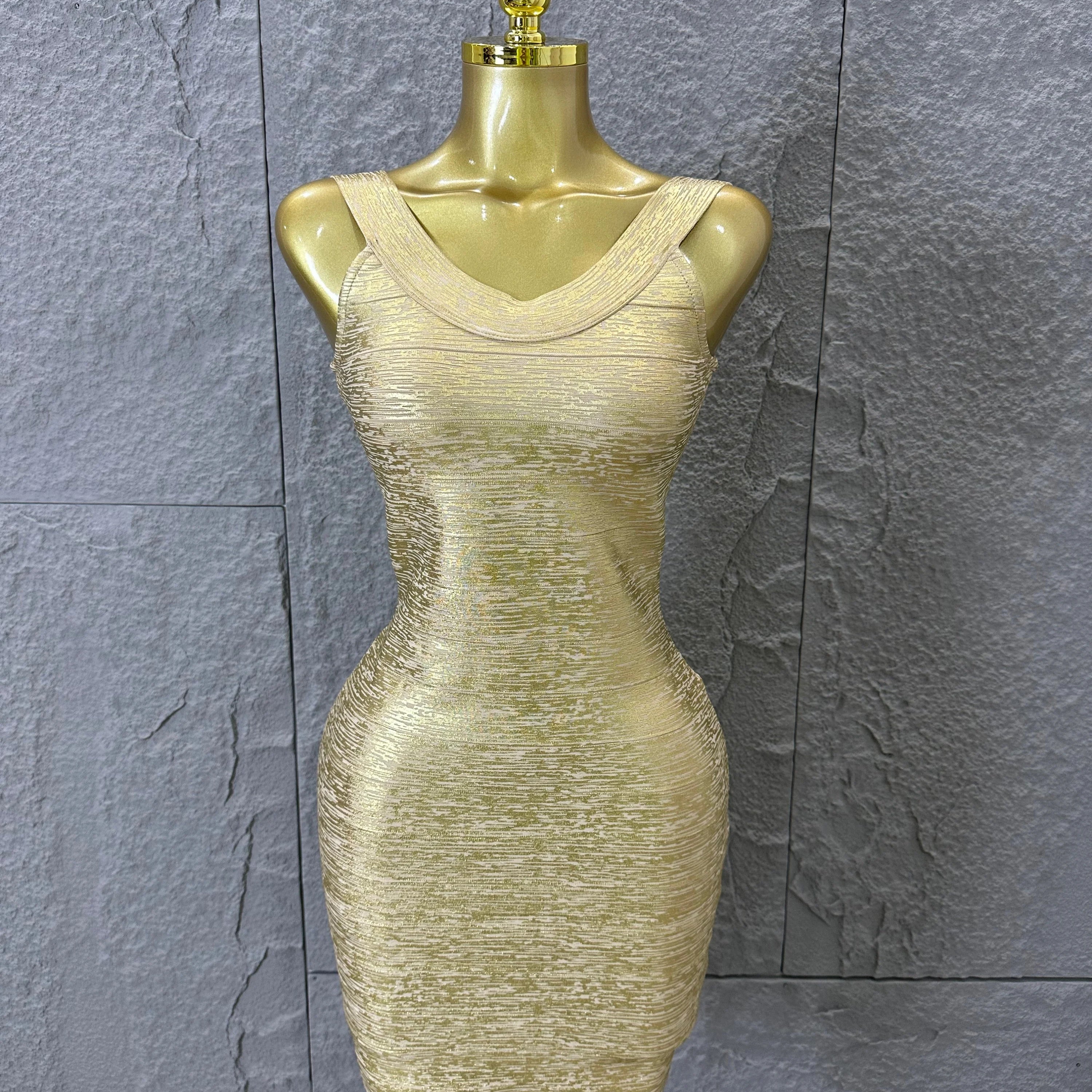 Women Sexy Elegant 2026 Silver Gold Metallic Bandage Mini Dress Women Sleeveless Bodycon Formal Event Cocktail Party Costume Gold