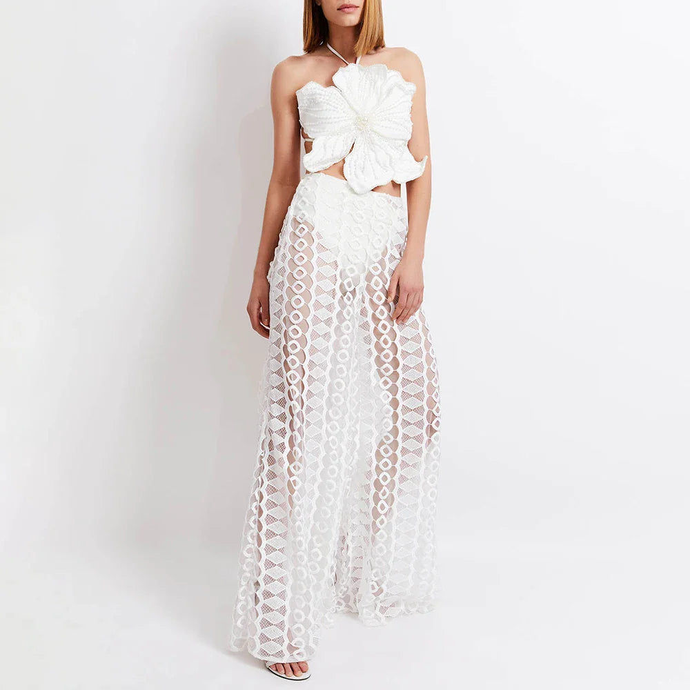 Fashion Flower Bikini Pearl Design Neck Swimsuit Luxury Sexy Tube Top Halter Seaside Vacation Hollow Trousers Women'S Retro