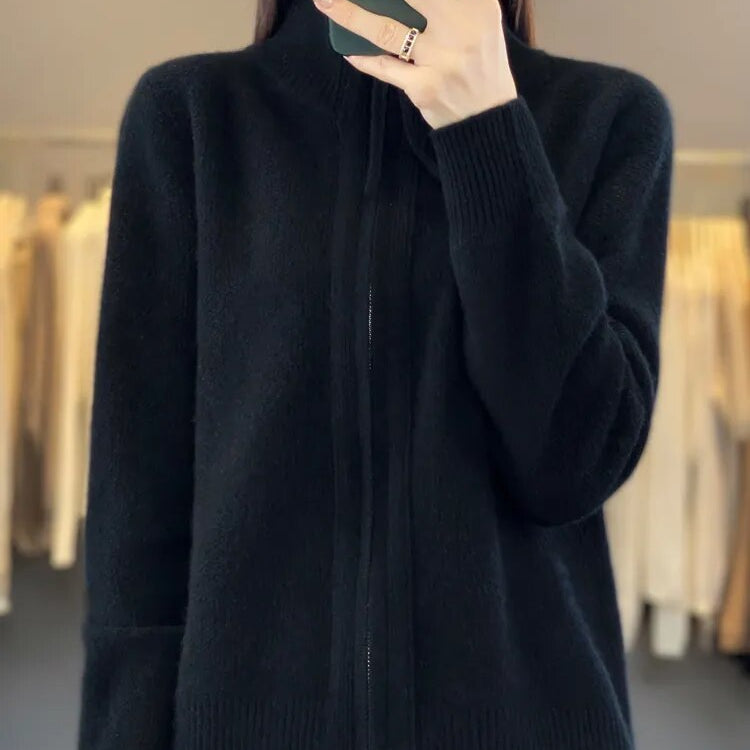 Women's Wool Knitting Sweater Clothing Autumn/Winter Casual Loose Top Fashion Korean Cashmere Large Zipper Jacket Black