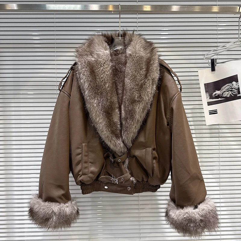 Winter New Fashion Street Style Big Fur Collar PU Leather Jacket For Women Loose With Fur Lining Coat Female 11A07643