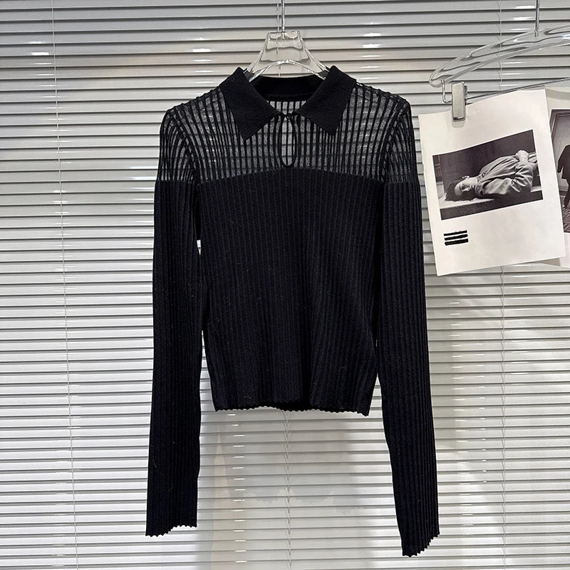 Winter New Fashion Lapel Slightly Transparent Patchwork Design Knitted Tops For Women Slim Fit Shirts Female 11A07661 Black