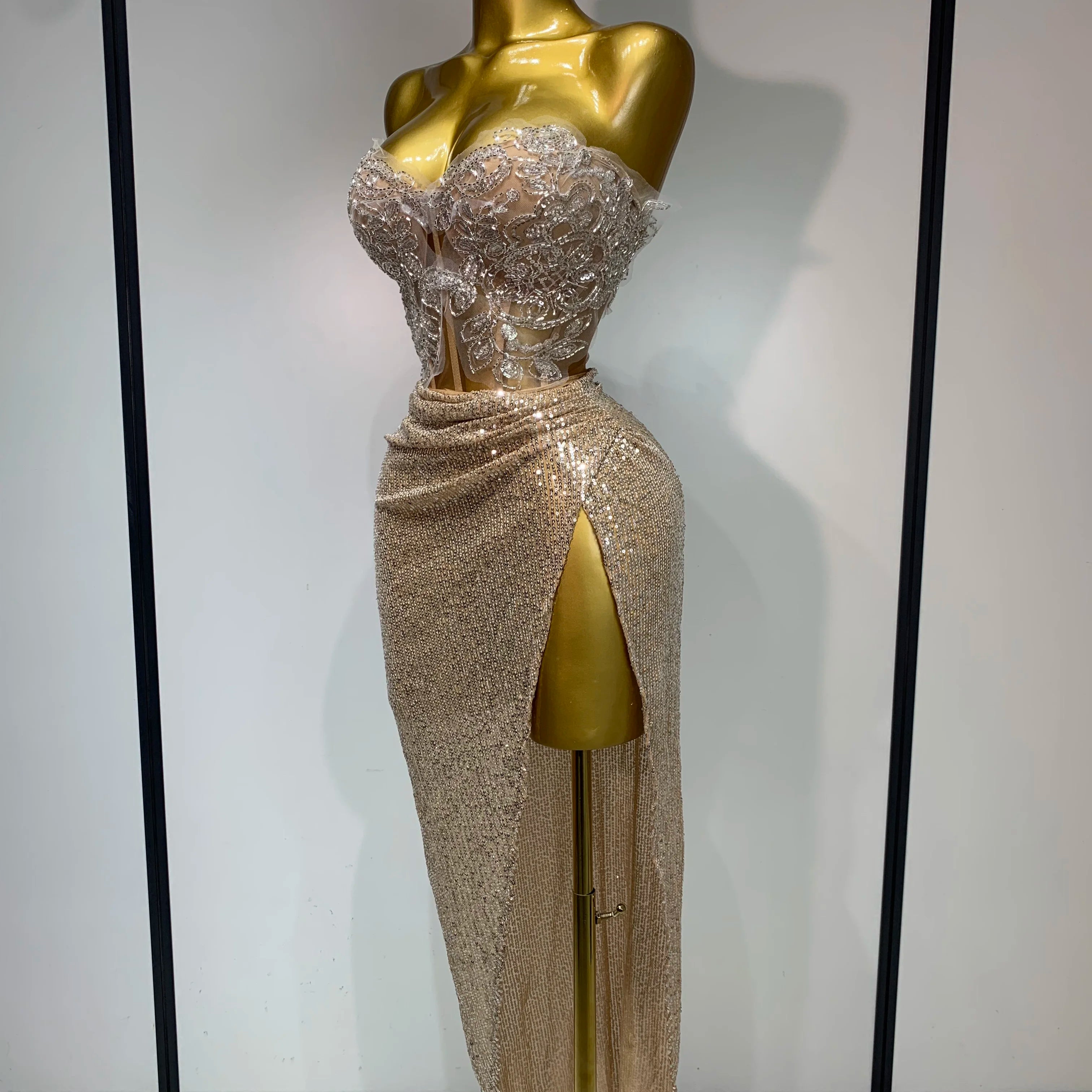 Shinning Beading Sequins Women Sexy Strapless Bodycon Two Pieces Set Celebrate Nightclub Party Luxury Birthday Stage Outfit