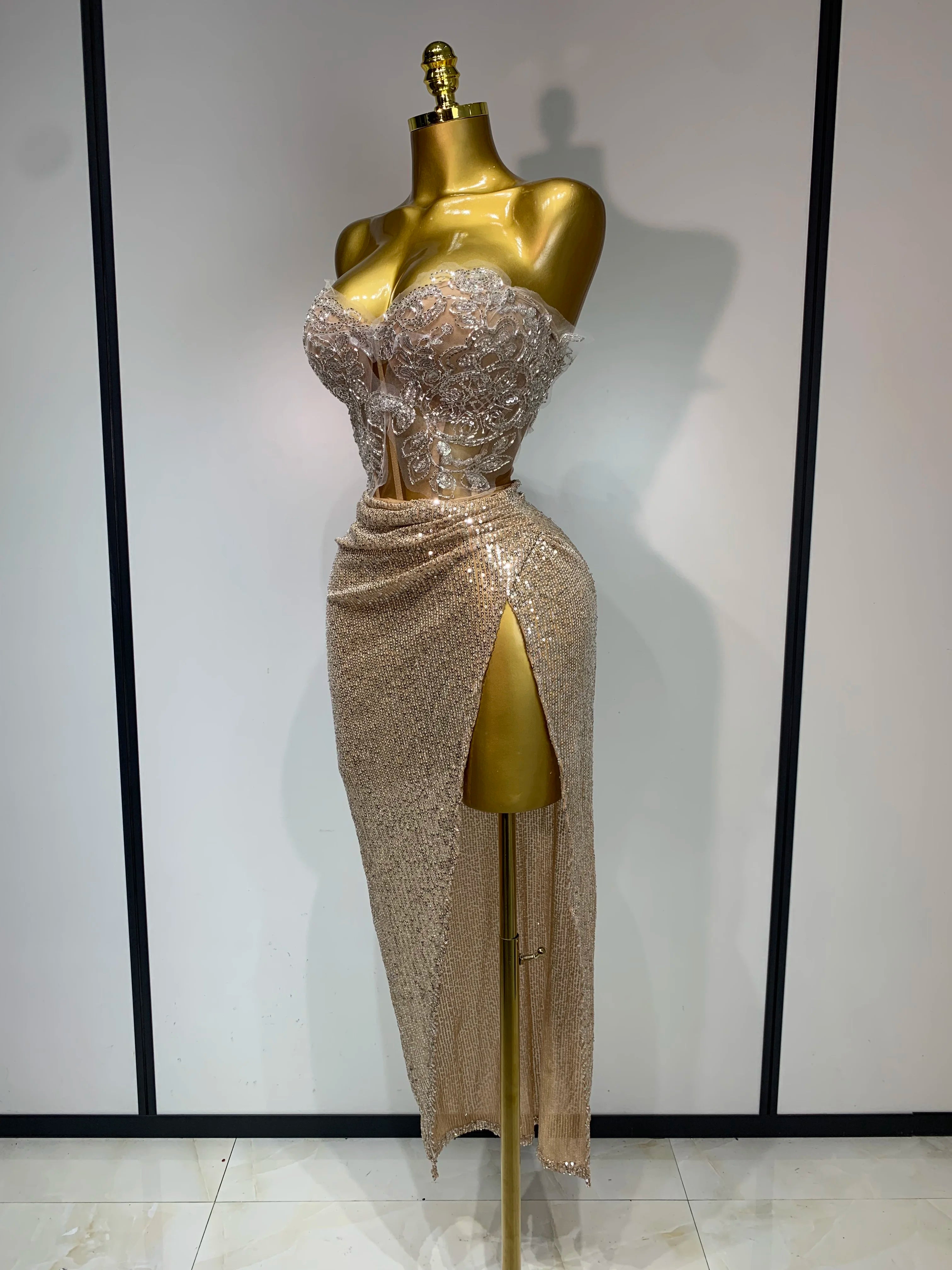 Shinning Beading Sequins Women Sexy Strapless Bodycon Two Pieces Set Celebrate Nightclub Party Luxury Birthday Stage Outfit