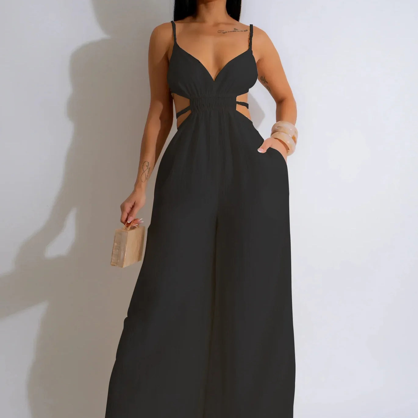 Women Sleeveless Strap V-neck Backless Wide Leg Long Jumpsuits 2025 Summer Beach Night Club Street Sexy Outfit Rompers Black