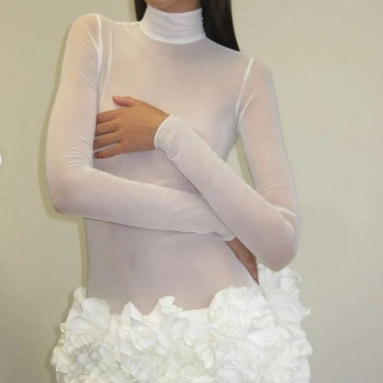 New White Women Long Sleeve Sexy Mesh See through Bodycon Mini Bandage Dress Florals Fashion Celebrate Nightclub Party Outfit