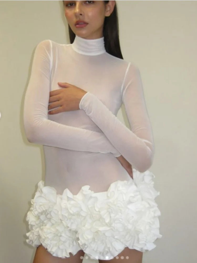 New White Women Long Sleeve Sexy Mesh See through Bodycon Mini Bandage Dress Florals Fashion Celebrate Nightclub Party Outfit