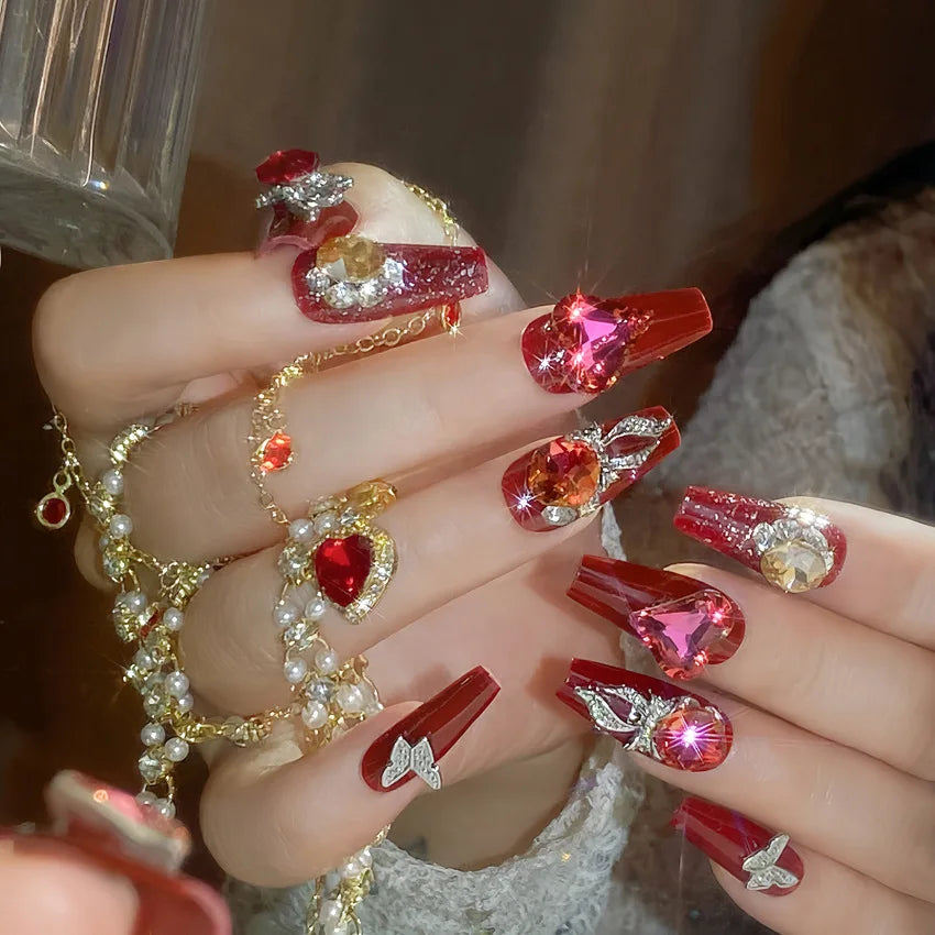 24pcs Love Crystal Decor Press on Nails Pink Bow Design Fake Nail Tips Bride Wedding Wearable Shiny Coffin Head Fake Nails 2