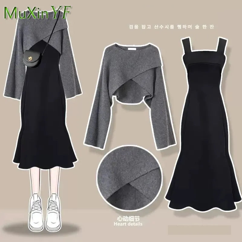 Women's Fashion Dress Matching Set 2024 Autumn Winter New Chic Knitted Sweater Sling Skirt Two Piece Korean Elegant Clothes Suit