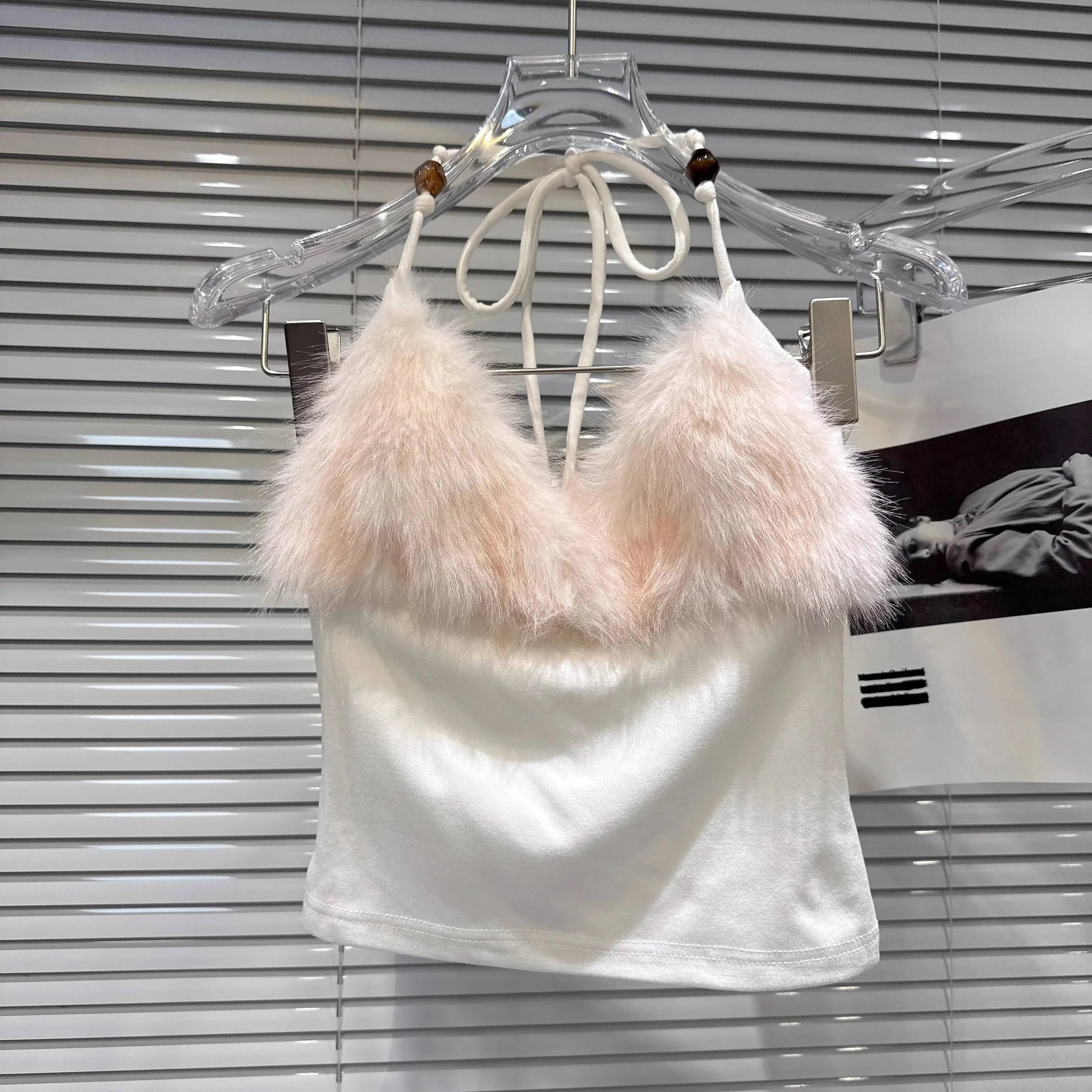 Winter New Elegant Fashion Fur Patchwork Backless Tie Halter Neck Camisole For Women Slim Fit Tank Top Female 11A07479 White One Size