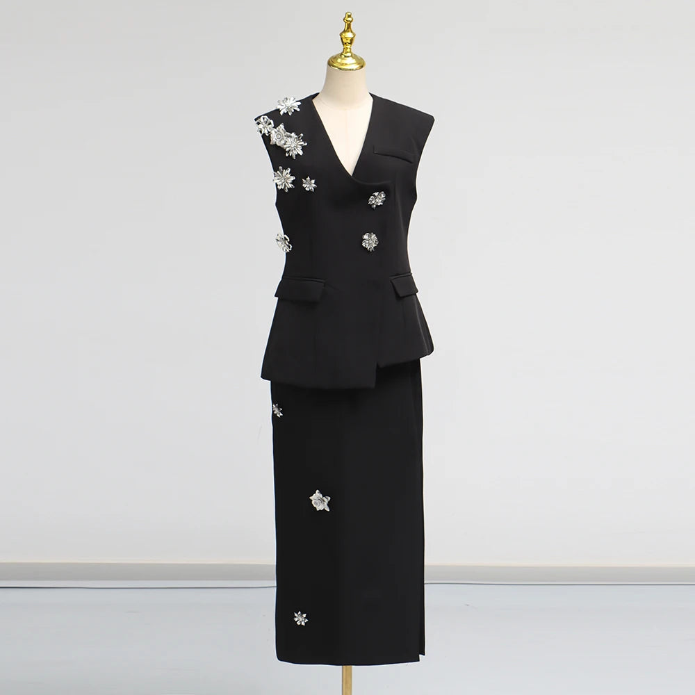 Solid Spliced 3D Flower Two Piece Sets for Women V Neck Sleeveless Top High Waist Split Skirt Elegant Set Female BLACK