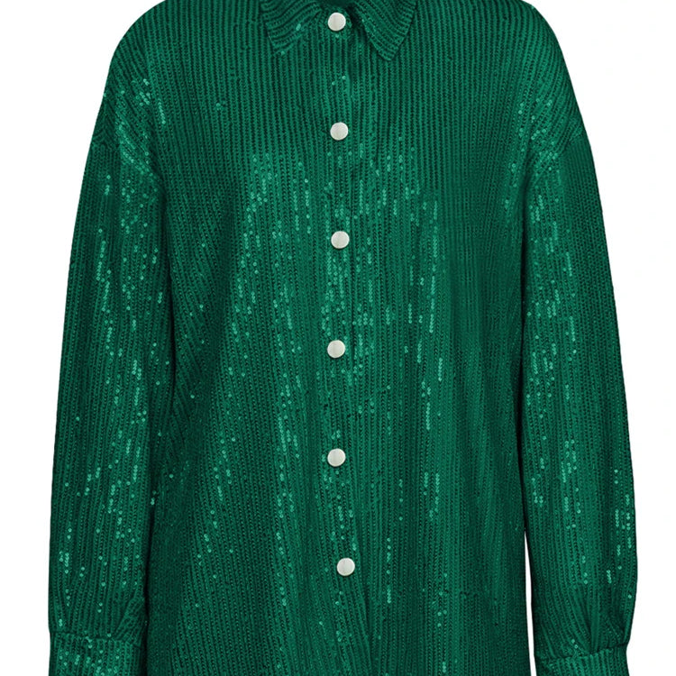 Tossy Sparkly Two-piece Set Party Outfits For Womens Sequin Top Blouse Shirt And Pants Suit Female Luxury Evening Tracksuit New Green Shirt