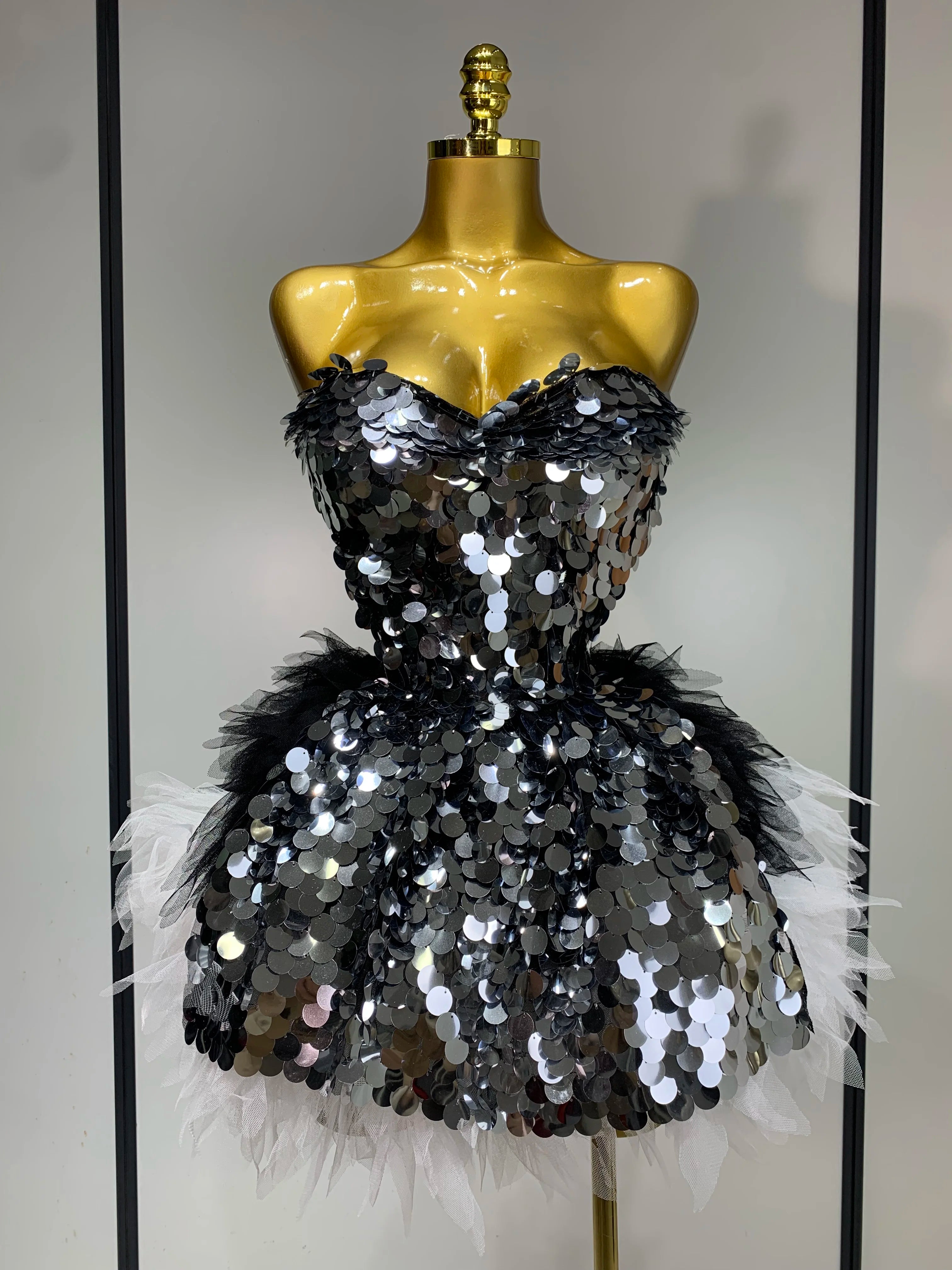 Sparkly Black Sequins Two Pieces Set for Women Party Evening Prom Celebrate Birthday Photo Shoot Dress Nightclub Dance Costume WHITE