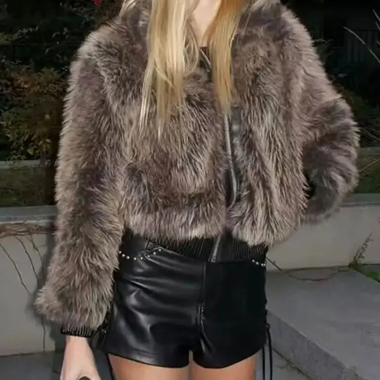 Women's Winter Coat Faux Fur Lapel Long Sleeves Loose Zipper Jackets Lady Pockets High Street Chic Warm Woman Outerwear