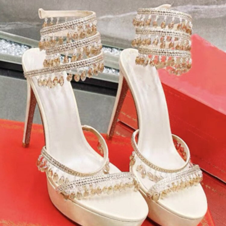 Summer New Round Toe Thick Sole Sandals with Snake Twisted Beaded Water Diamond Thin Heel High Heel Sandals for Women Apricot