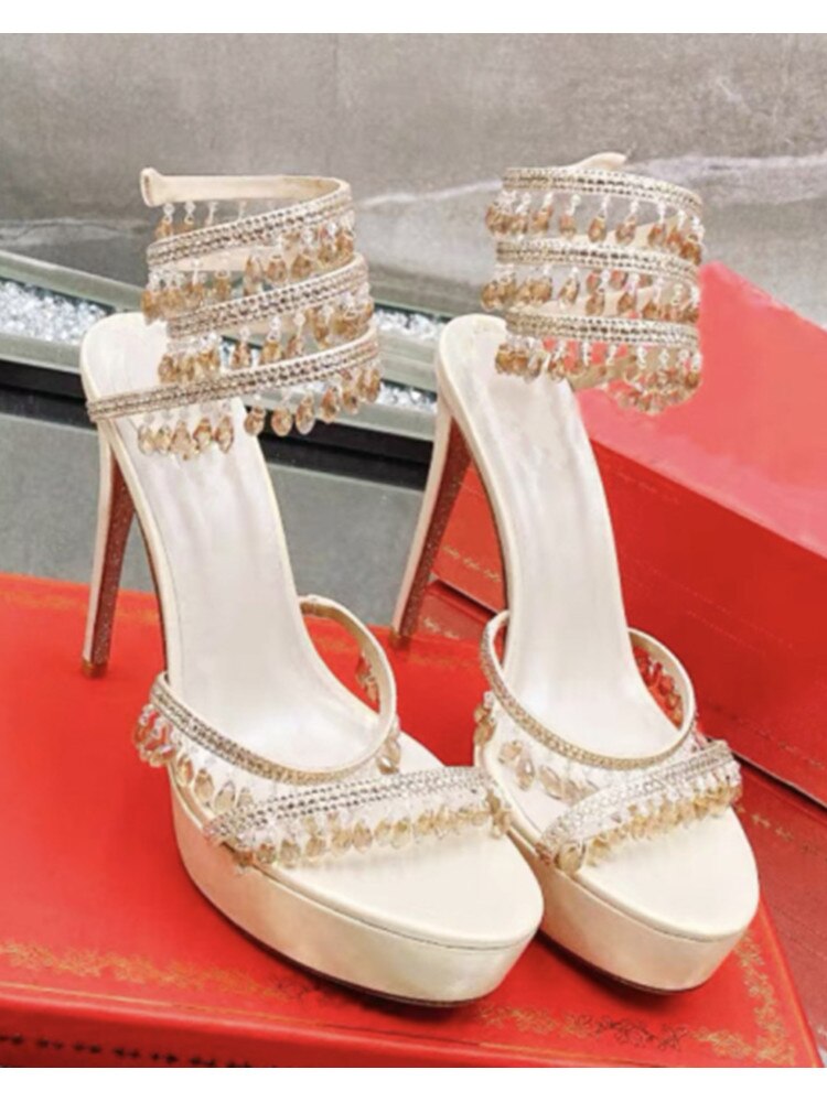 Summer New Round Toe Thick Sole Sandals with Snake Twisted Beaded Water Diamond Thin Heel High Heel Sandals for Women Apricot