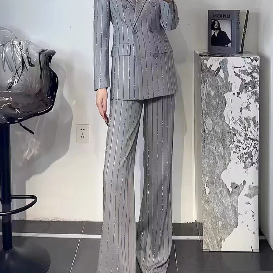 Solid Two Piece Set for Women Notched Neck Long Sleeves Patchwork Stripe Blazers High Waist Pant Sets Female New