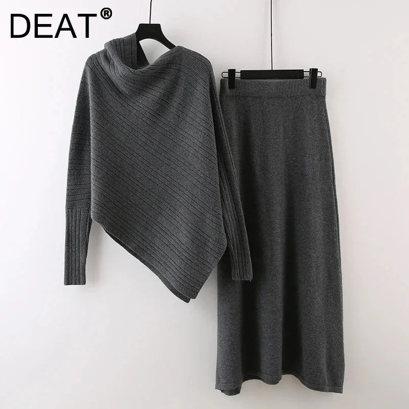 Autumn Winter Fashion Style Asymmetrical Batwing Sleeve Loose Knit Cardigan Elastic Waist Skirt Set For Women 11A07541