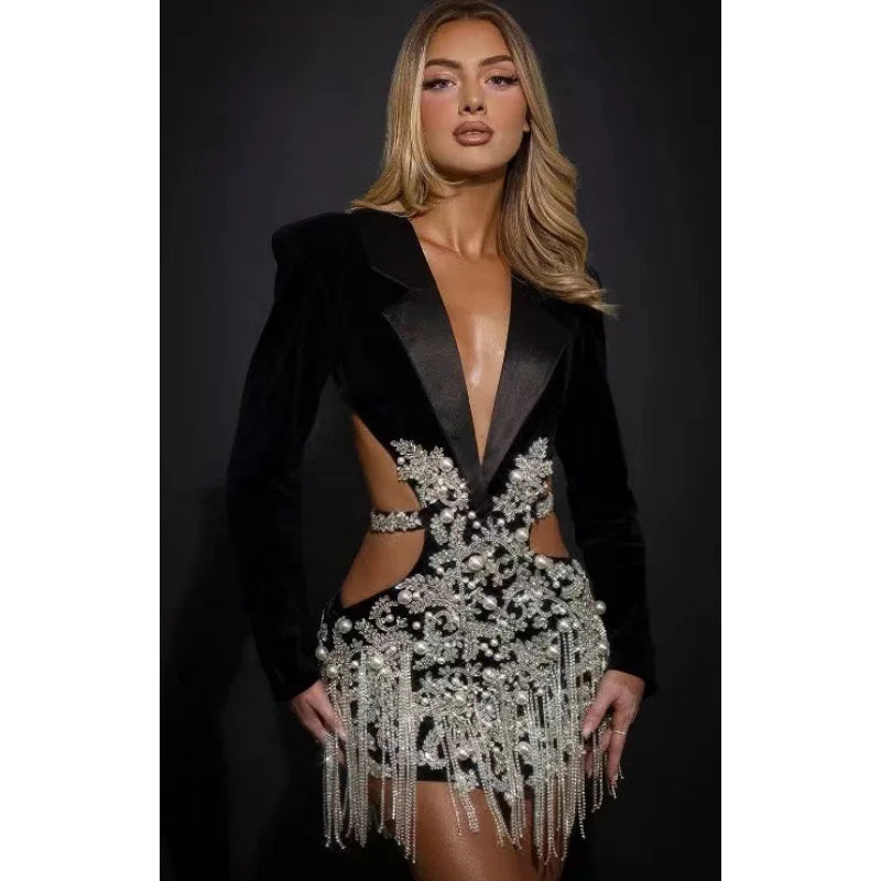 2024 Luxury Diamonds Tassel Sexy hollow Out Notched Black Mini Dress Woman Evening Party Vestido Celebrate Club Party Outfit L