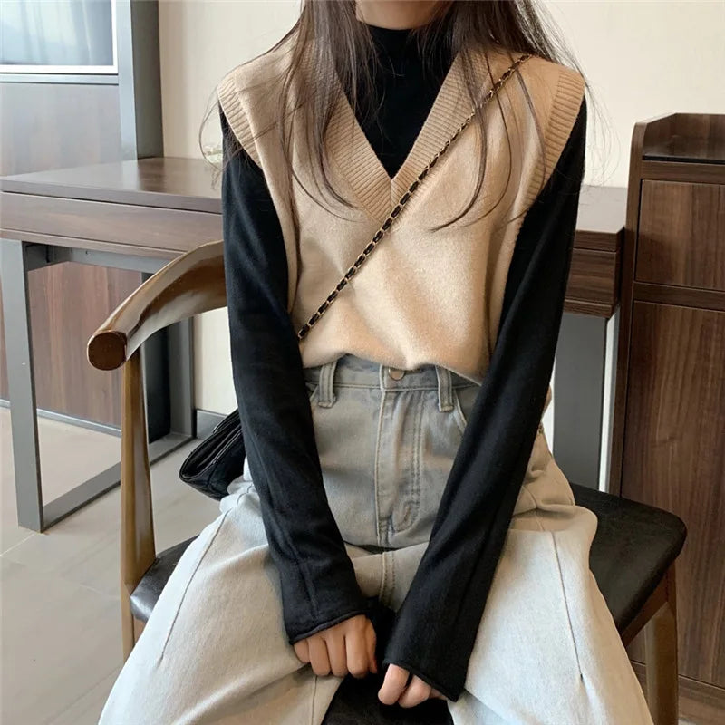 Women Knitted Sweater Vest Spring Autumn Short Loose Vintage Sweater Sleeveless Girls V-Neck Pullover Tops Female Outerwear
