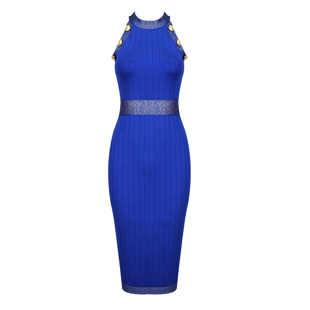 Celebrity Party Dresses For Women Chic Buttons Sleeveless Bandage Tight Elegant Midi Dress Fashion Streetwear Blue