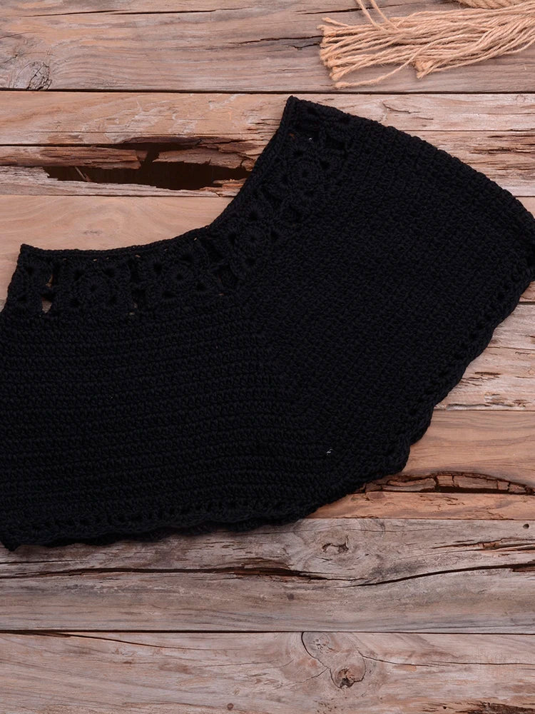 Bikini 2022 knitting Swimsuit Crochet Bikini Bohemia Style Off Shoulder High Neck Bathing Beach Bikinis Handmade Crochet Bikini Black Bottom