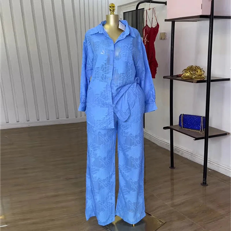 CM.YAYA Fashion Women's Set Perspective Long Sleeve Shirt and Straight Wide Leg Pants 2025 OL Two 2 Piece Set Outfit Tracksuit Blue