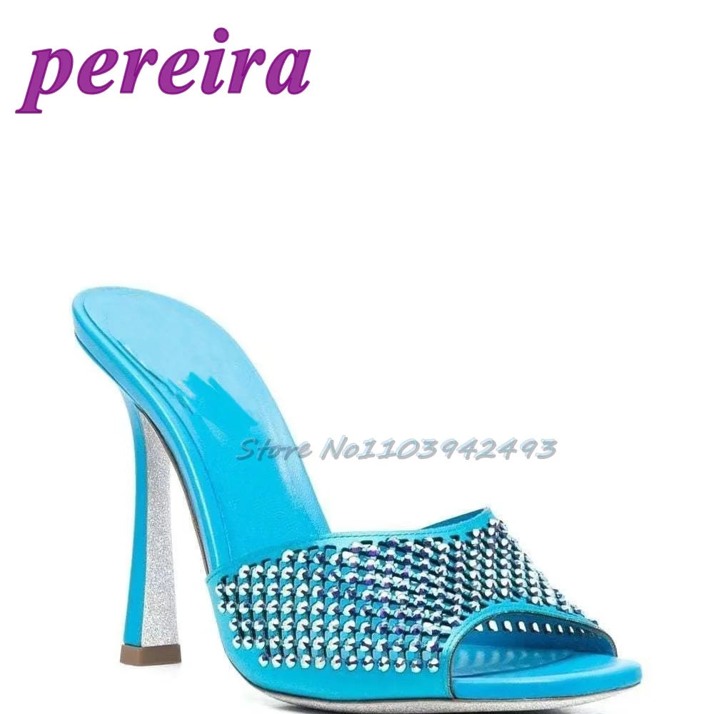 Blue Rhinestone Heels Shallow Slip On Heeled Sandals Peep Toe Luxury Designer Shoes Summer Sandalias De Mujer Solid Tacones 2025