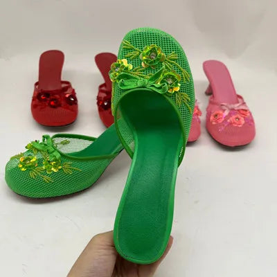 2025 Summer Spring Women Slippers for Woman Mesh Flower High Heeled Shoes Sexy Ladies Slip-On Non-Slip Round Toe Wedding Sandals green