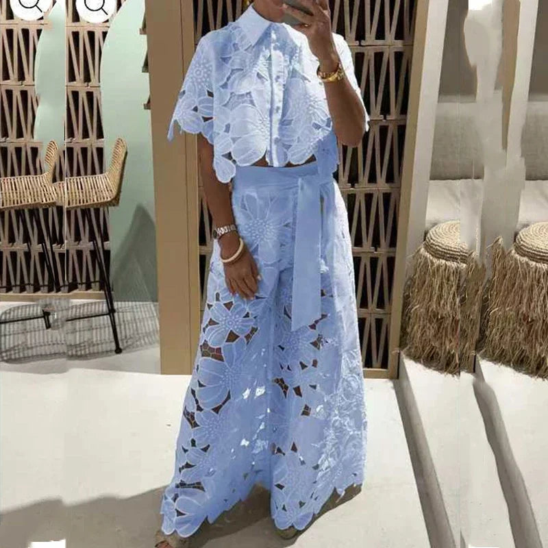 Sexy Women Lace Embroidery Hook Flower Hollow 2 Pieces Summer Temperament Solid Color Tailored Collar Top+Wide Leg Pants Suit A5 Blue