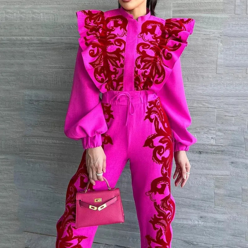 Women Two Piece Set 2024 Autumn Fashion Office Printed Long Lantern Sleeve Zipper Top Drawstring Lace Up Pants Sets