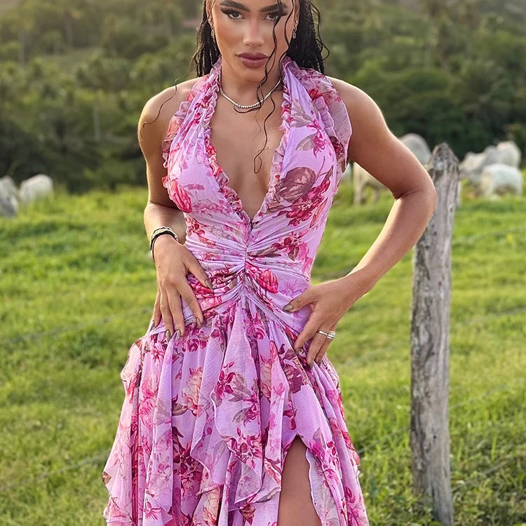 Elegant Pink Floral Halter-Style Ruffled Dress with Side Slit for High-Profile Outdoor Occasions Evening Gown