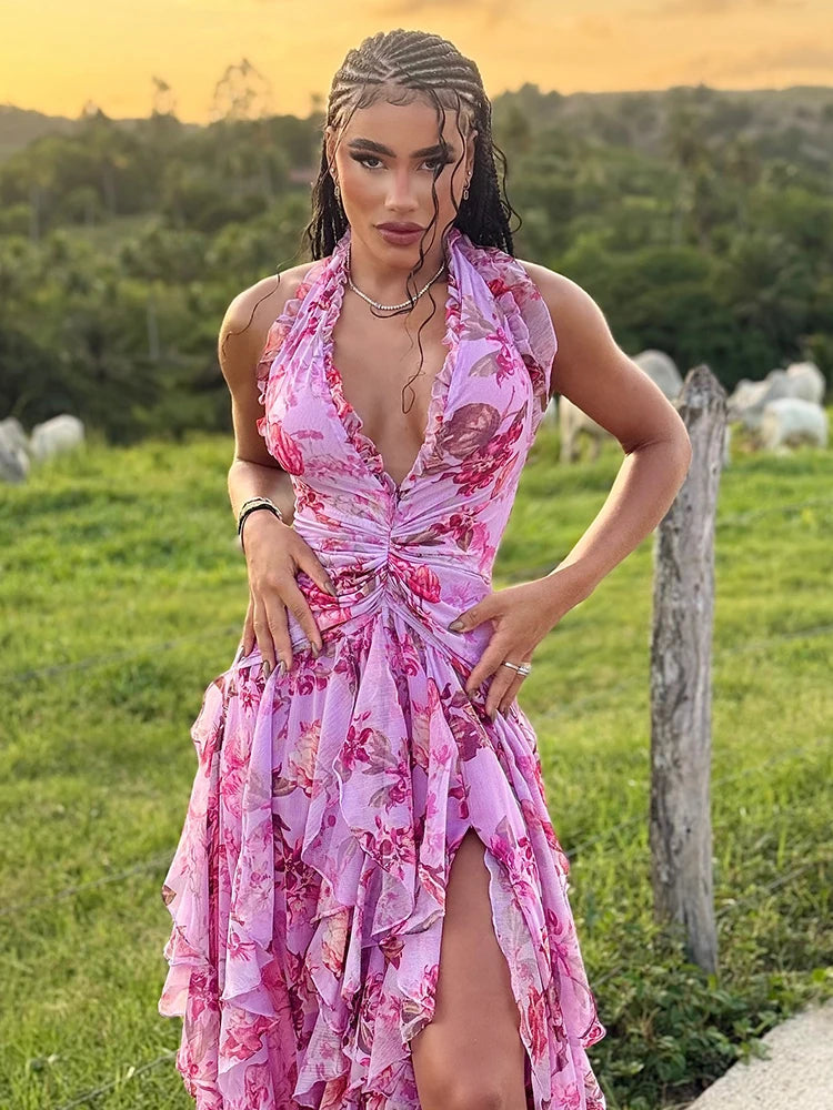 Elegant Pink Floral Halter-Style Ruffled Dress with Side Slit for High-Profile Outdoor Occasions Evening Gown