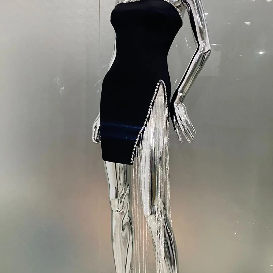 STOCK Shining Diamond Chain Sexy Slit Strapless Black Bandage Mini Dress Woman Birthday Party Dress Nightclub Party Outfit