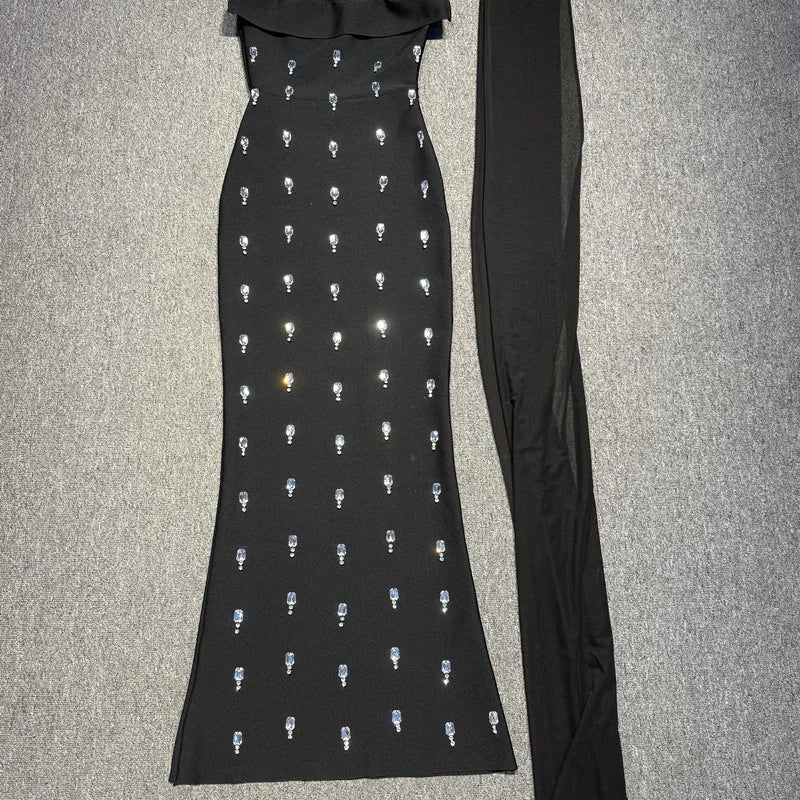 Vintage Elegant Black Strapless Sleeveless Crystal Dress for Galas Party Evening Gown black