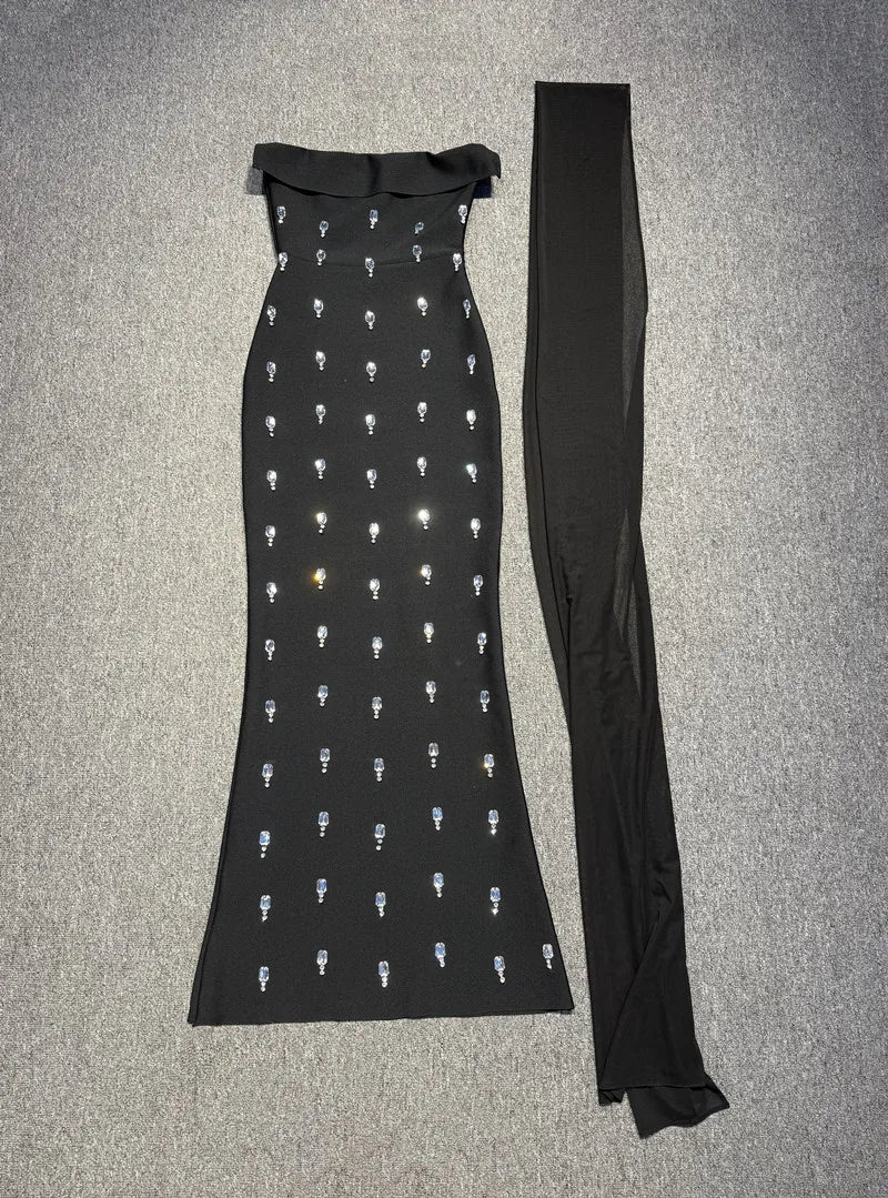 Vintage Elegant Black Strapless Sleeveless Crystal Dress for Galas Party Evening Gown black