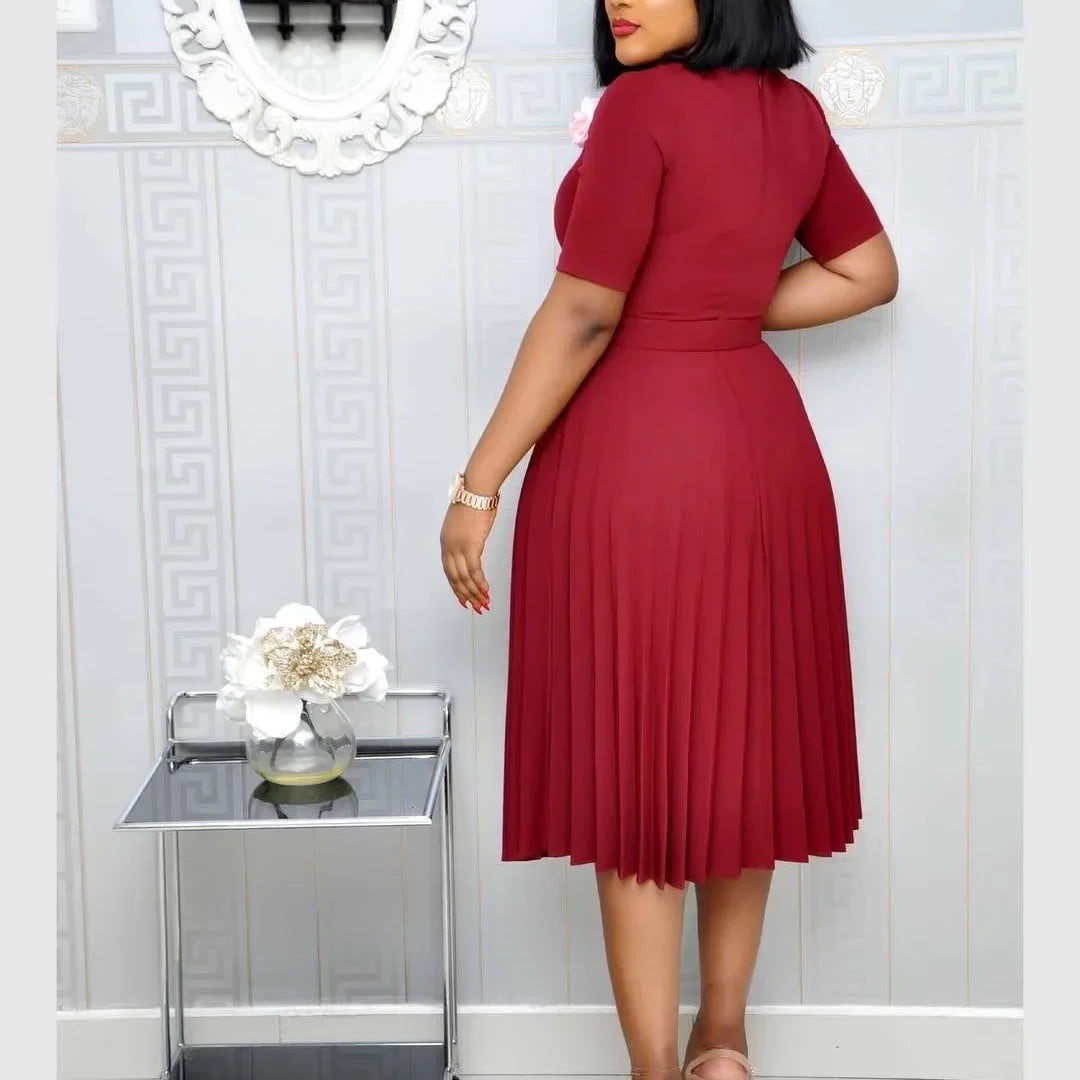 Summer Midi Pleated Dress Short Sleeve Office Lady Africa Sashes Women High Waist Elegant Dresses Vestidos
