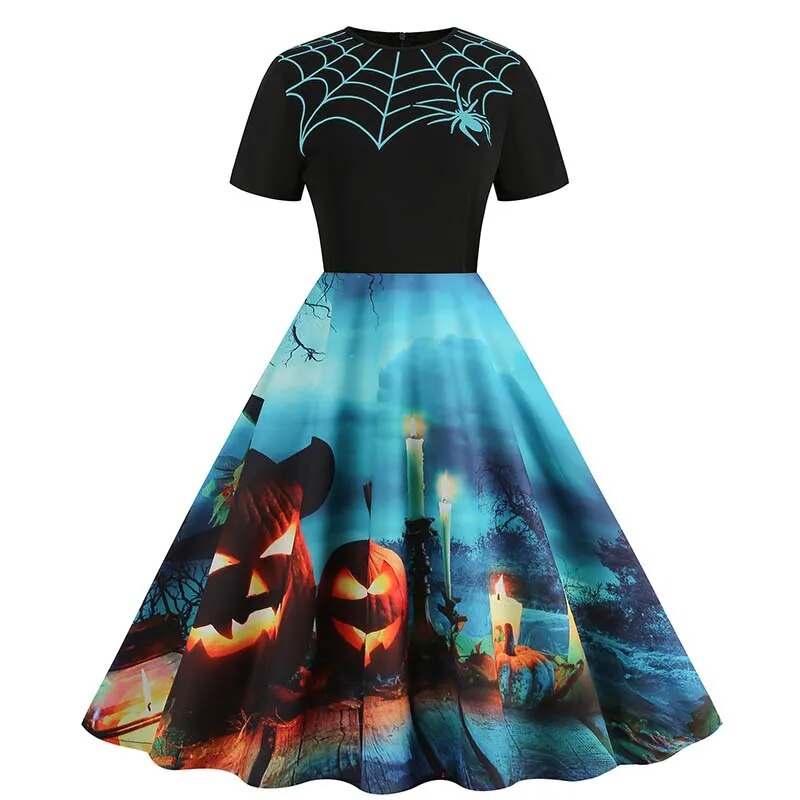 Women Halloween Costumes Dresses Short Sleeve Print 2024 Autumn Winter Vintage Party Dress Vestidos 005