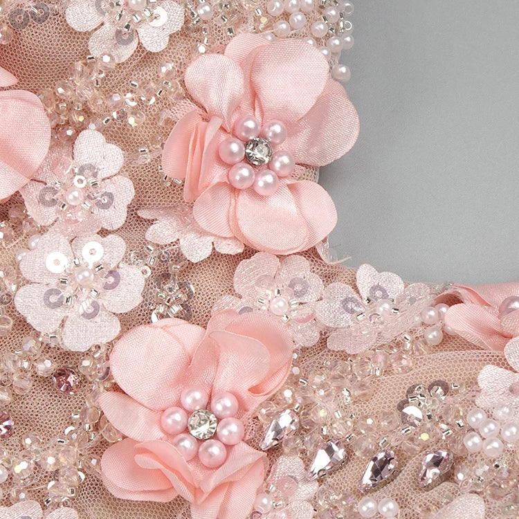 Diamond Beaded Spaghetti Strap Long Dress Pearls Sequins Structured Flowers High Split Sheer Mesh Trendy Celebrity Party Gown