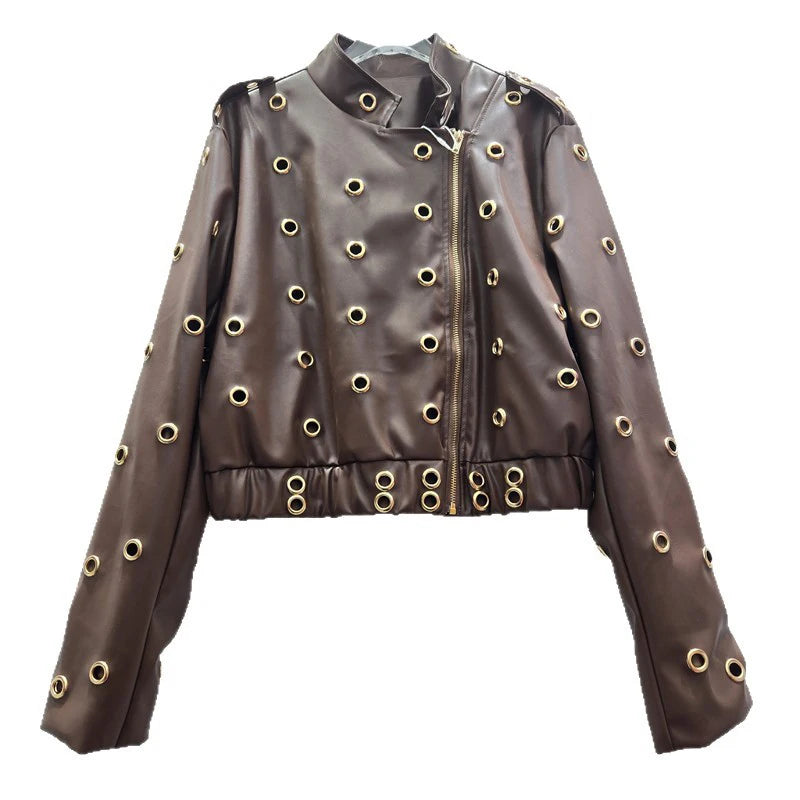 Autumn Winter New Fashion Hollow Metal Circle Stand Collar Zipper Long Sleeve Leather Jacket For Women Trendy 11A07639