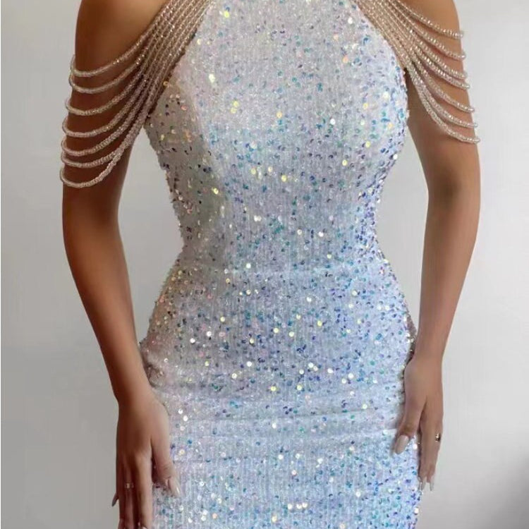 Summer New In Fashion Women's Dress Sequined Luxury Party Short Dresses Chic and Elegant Sexy Crystal Tassel Evening Dress