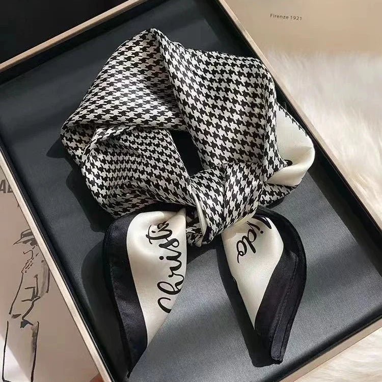 BYSIFA| New Grey Blue Silk Scarf Fashion Floral Design 70cm Square Scarves Fall Winter Neck Scarf Hijab Sweet Headband 65*65cm black white plaid