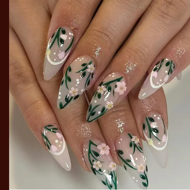 24Pcs Green Cat's Eye Design Press on False Nails with Flower Pattern Short Almond Round Head Nails Set Tips Wearable Fake Nail Z1084