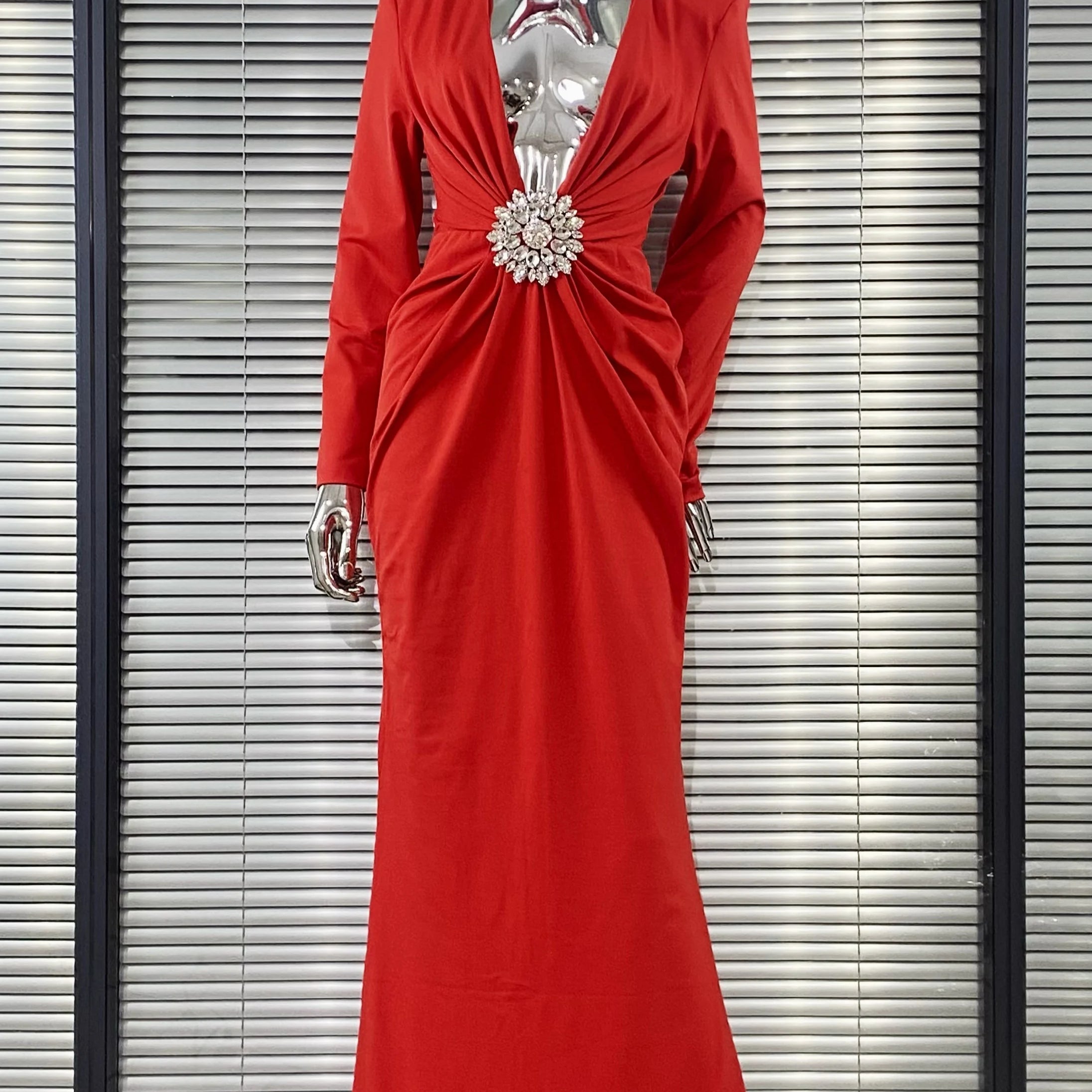 2025 Autumn Shining Diamonds Sexy V-Neck Package Hip Black Floor Length Dress Graceful Woman Party Dress Cocktail Party Outfit Red