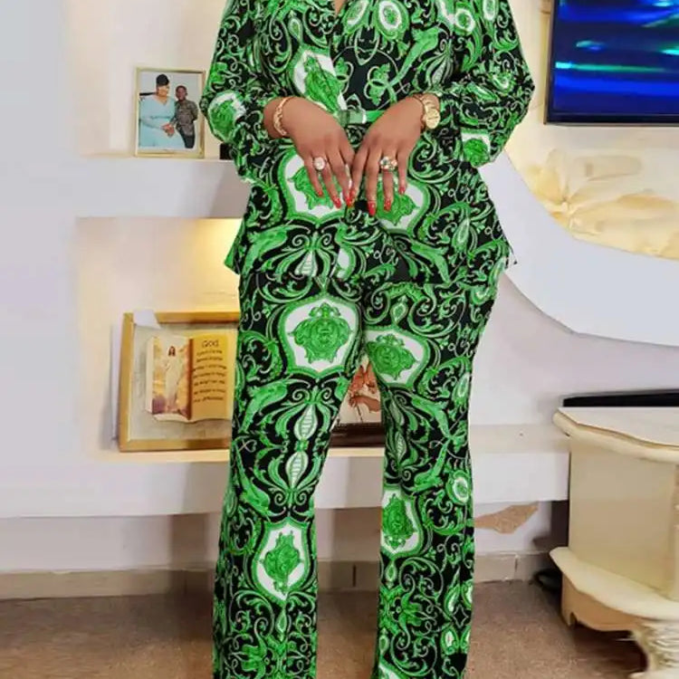 Plus Size 5XL VONDA Women Printed Pant Sets Summer Bohemian Suits Casual 2PCS Loose V-Neck Long Sleeve Tops and Trousers Sets