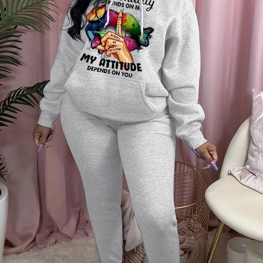LW Plus Size Buttefly Lip Letter Print Tracksuit Set Hooded Collar Pocket Design Graphic Long Sleeve Winter Outfits for Women GRAY