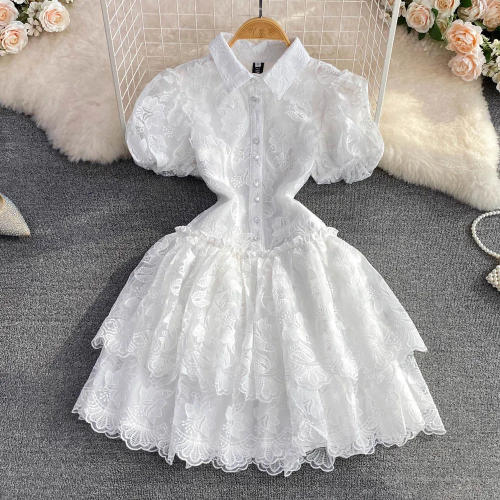 CM.YAYA Women Short Sleeve Lace Embroidery A-line Tiered Mini Dress 2025 Sweet Elegant Sexy Evening Night Party Vestidos Dresses