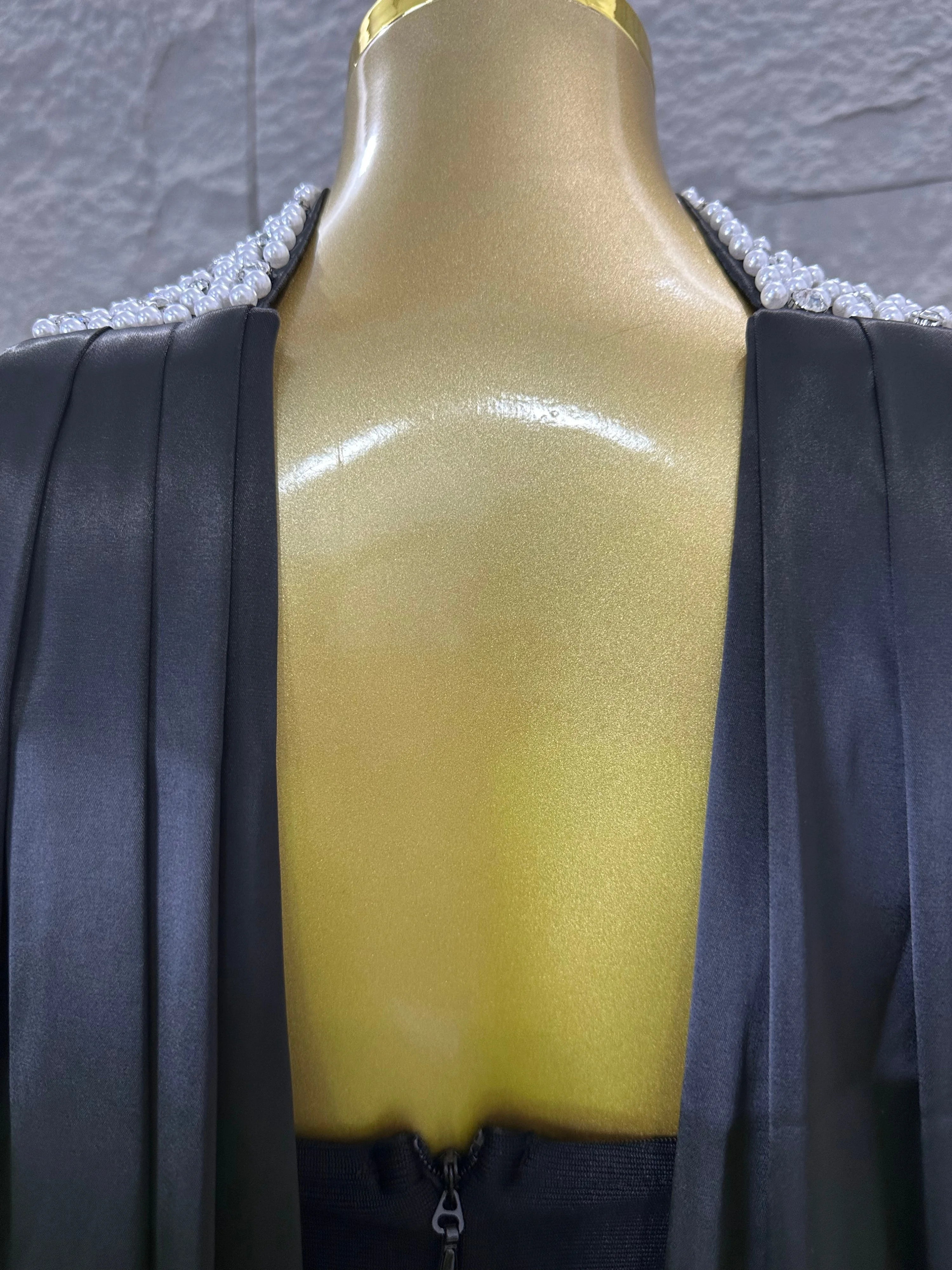 Sexy Black Pearl Studded Maxi Dress Halter Cape Bandage Bodycon Stage Birthday Party Nightclub Celebrate Photo Shoot Out