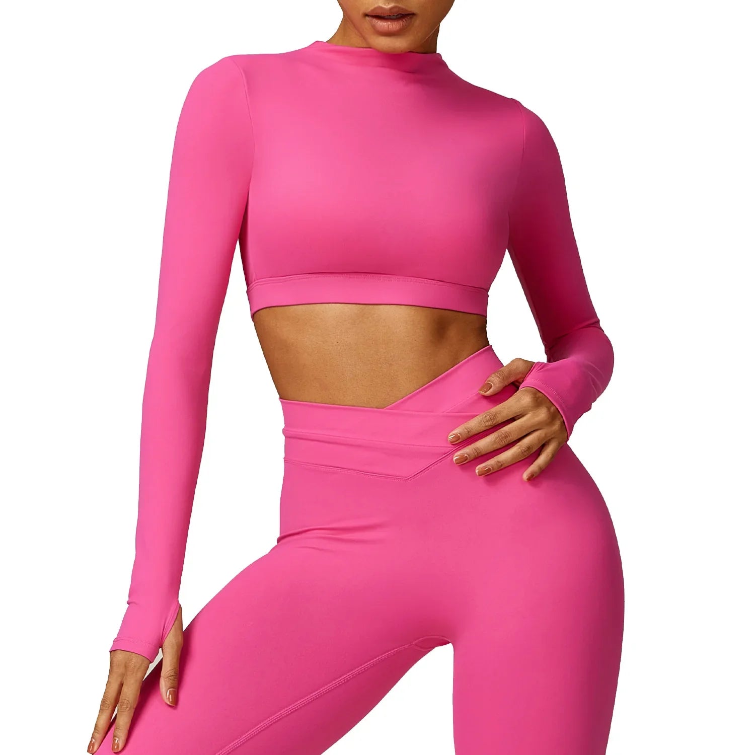 New Women's Long Sleeve Top Yoga Shirts Running T-Shirt Workout Running Fitness Gym Sports Top Training Crop Top Solidcolor magenta CHINA